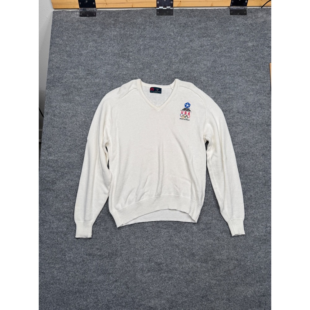 Vintage Isle of Cotton‎ Chrysler USA Olympic Sponsor V-Neck Sweater White Large